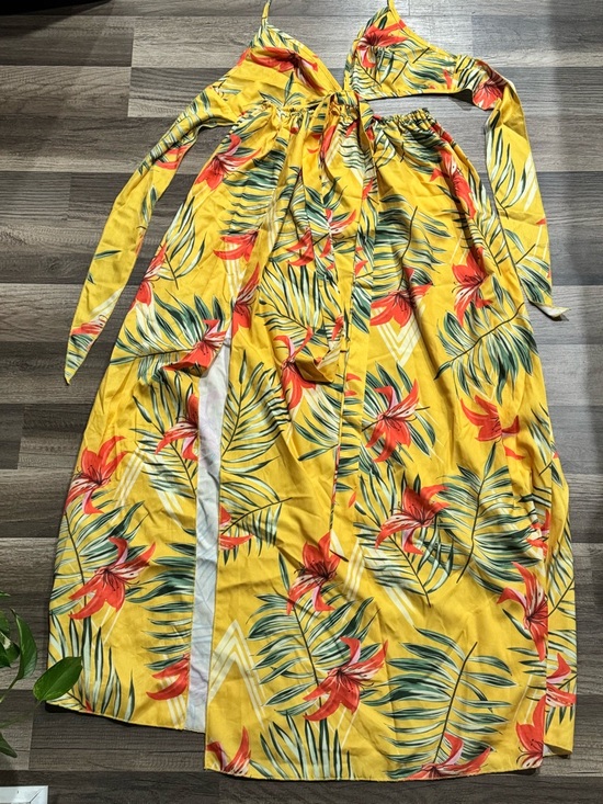 Dresses & Skirts - Bright Yellow Tropical Floral Maxi Dress with Tie Detail